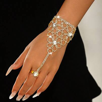 1 Set Crystal Knuckle Ring Chain, Hollow Floral Design, Elegant Hand Chain Jewelry, Suitable For Bride, Prom, Formal Occasions