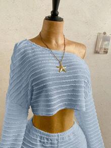 Conjunto informal de 2 piezas de top corto con cuello irregular y borde de lechuga, y shorts, en unicolor, para vacaciones, primavera/verano - Azul 2 - Ver 4
