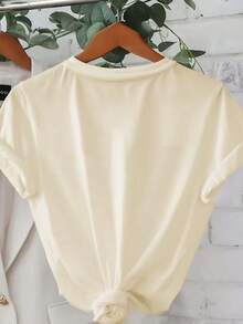 Plus Size Women's Summer Yellow Rose Print Casual Simple Loose Everyday Comfortable Fashionable Round Neck Short Sleeve Plus Size T-Shirt Tops - Apricot - View 2