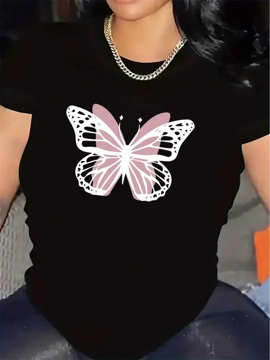 Pure Cotton Short-Sleeved T-Shirt With Pink Butterfly Print 2026, Lightweight And Durable, Suitable For Home, Restaurants Or Casual Outdoor Use. - 黑色 - 查看 1