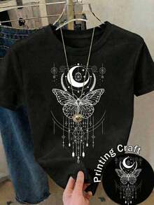 Camiseta suave 100% algodón para mujer, con estampado gótico de mariposa y luna, de manga corta y cuello redondo, perfecta para el estilo diario. Camiseta de algodón transpirable, combina con todo. - Negro - Ver 8