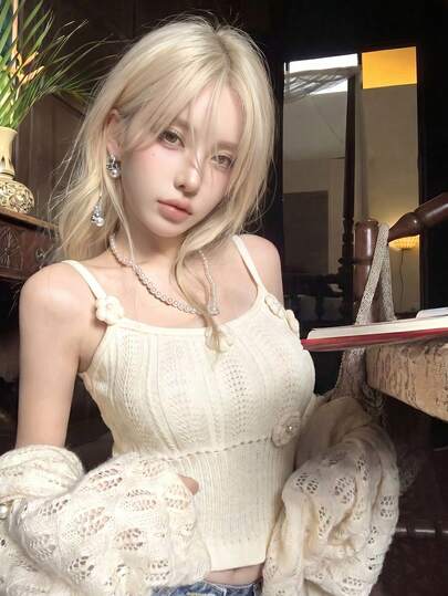 2026 Spring/Summer Sleeveless Knit Camisole Top & Elegant Fitted Cropped Top, Sweet Casual Y2K Retro Style, 3D Crochet Decor, Hollow Cotton Texture, Fitted Cut
