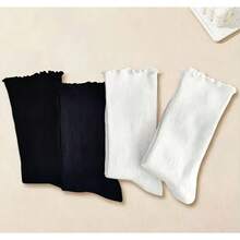 1/3/5 Pairs Women Cute Ruffle Trim Ankle Socks, Black & White Color, Polyester & Spandex Blend, Machine Washable - Multicolor - View 2