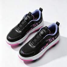 1 Pair Adult Rotary Buckle No-Tie Wheeled Sports Shoes, Detachable 4-Wheel Camouflage Roller Skates, Black Purple Colorful Casual Skateboard Shoes & Roller Skates - Black Purple - View 7