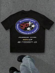 Manfinity  Camiseta de manga corta con hombros caídos, estampado gráfico de carreras desgastado y sobredimensionado en color negro Y2k Camiseta Camisa De - Blanco - Ver 9