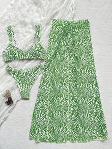 Conjunto de 2 piezas de top de tirantes con lunares y falda con cordón.El top de escote cuadrado resalta las líneas del cuello y los hombros. - Verde 2 - Ver 2