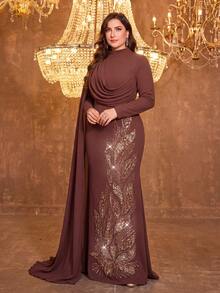 Đầm dạ hội nữ SUPGIR cổ tròn, tay bồng, phối sequin, chất liệu vải lanh, ôm sát. - Cà phê nâu - Xem 4