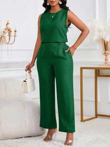 de 2 piezas de top sin mangas y pantalones largos casuales y elegantes con bolsillo diagonal y detalles de botones para mujer, para verano - Verde Oscuro - Ver 3