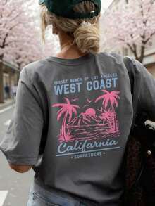 Camiseta de manga corta con cuello redondo para mujer, estilo casual de verano, estampado minimalista y versátil con diseño de palmera, adecuada para uso diario.Camiseta con estampado, Top blanco de mujer, Top negro, Top rosa, Conjunto de vacaciones. - Rojo - Ver 6