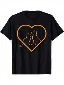 Camiseta con diseño de corazón negro y silueta de gato y perro |   Ropa casual, estampado divertido, cuello redondo, mangas cortas, elasticidad media, camiseta con diseño de amor, camiseta gráfica de amor para hombre. - Negro - Ver 6