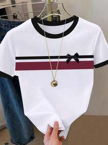 Camiseta de manga corta con cuello redondo y bordado de ballena, estilo casual para mujer, primavera/verano - Multicolor - Ver 4