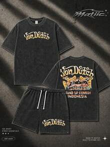 Men 2 Piece Set Creative Washed Graphic Tee T Shirt And Shorts With Print Design And Vons Dutchs Text For Street Casual Home Outdoor Party Perfect Gift Soft Fabric Breathable Anime Shirt And Shorts Set Y2K Style - Black + Black - View 1