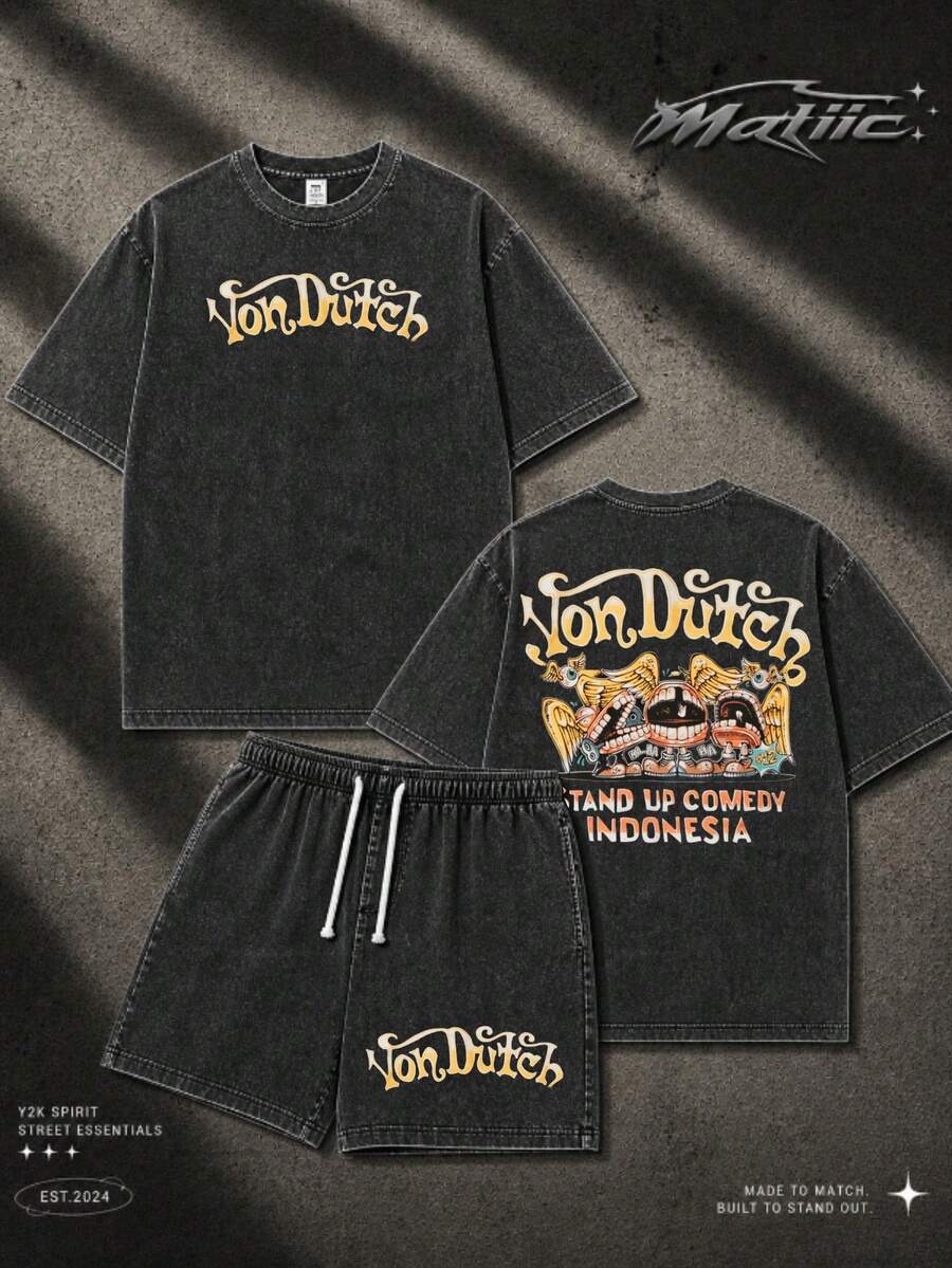 Men 2 Piece Set Creative Washed Graphic Tee T Shirt And Shorts With Print Design And Vons Dutchs Text For Street Casual Home Outdoor Party Perfect Gift Soft Fabric Breathable Anime Shirt And Shorts Set Y2K Style - Black + Black - View 1