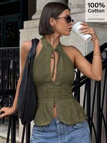 Chaleco para mujer con moño, recorte y diseño hueco, ajuste slim, para salidas diarias - Verde militar - Ver 1