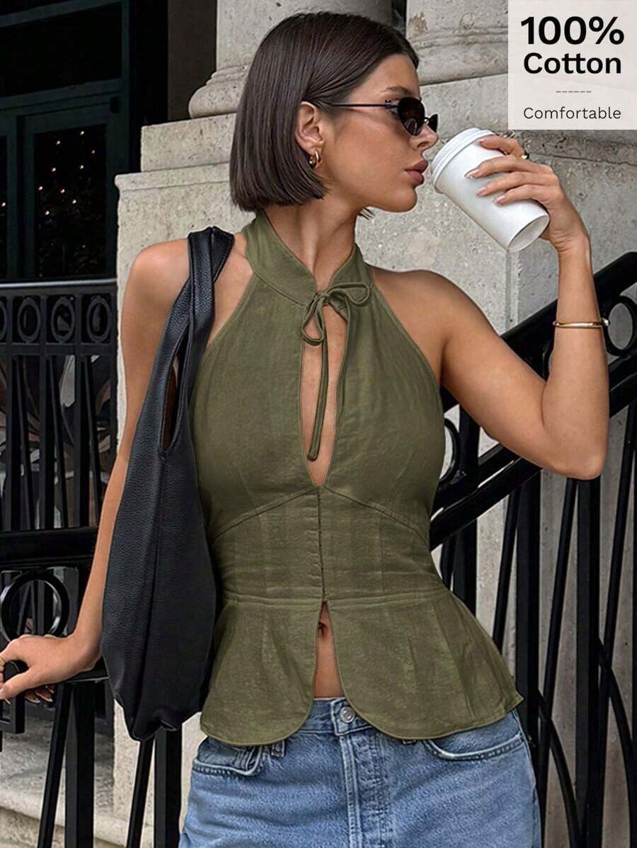 Chaleco para mujer con moño, recorte y diseño hueco, ajuste slim, para salidas diarias - Verde militar - Ver 1