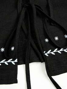 Conjunto casual de vacaciones para mujer, blusa con cuello redondo y estampado teñido anudado en la espalda, combinada con shorts estampados, para /verano - Negro - Ver 8