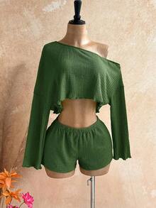 Casual 2-Piece Set Consisting Of A Cropped Top With An Irregular Neckline And Lettuce Hem, And Shorts, In A Solid Color, For Vacation, Spring/Summer - Dark Green - View 2