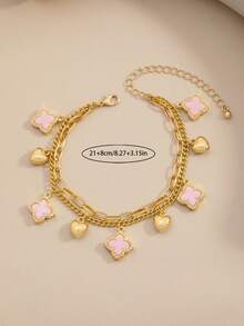 1pc Four-Leaf Flower Style Double-Layer Heart Pendant Anklet, Summer Beach Style Fashion, Gift For Women - Pink - View 4