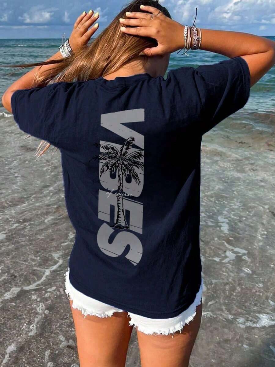 Women's Short-Sleeved T-Shirt With A Round Neck, Featuring A Minimalist Coconut Tree Print And Slogan. Simple And Versatile, Suitable For Everyday Wear And Vacations. Graphic T-Shirt, Women's, White, Black, Pink, Summer - 海軍藍 - 查看 1