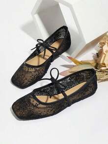 Women's White Ballet Flats With Bow Decor, Flower Embroidery, Breathable Mesh Vamp, Square Toe, Suitable For Wide Or Plump Feet, Summer Mary Jane Shoes - 黑色 - 查看 2