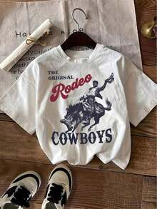 1pc Casual Cotton T-Shirt For Women, Sporty, Suitable For Spring, Summer, Autumn And Winter, With A Cowboy Print Riding A Wild Horse And Original Rodeo Cowboys Text In Red, Blue And Black Colors, Couple T-Shirts - 彩色 - 查看 7