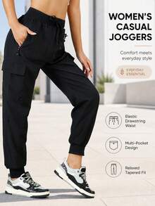 Quần thể thao nữ mùa hè nhanh khô với túi khóa kéo - Quần jogger thời trang, thoáng khí, thoải mái cho chạy bộ, tập thể dục và các hoạt động hàng ngày, màu đen, thích hợp cho mùa xuân. - màu đen - Xem 1