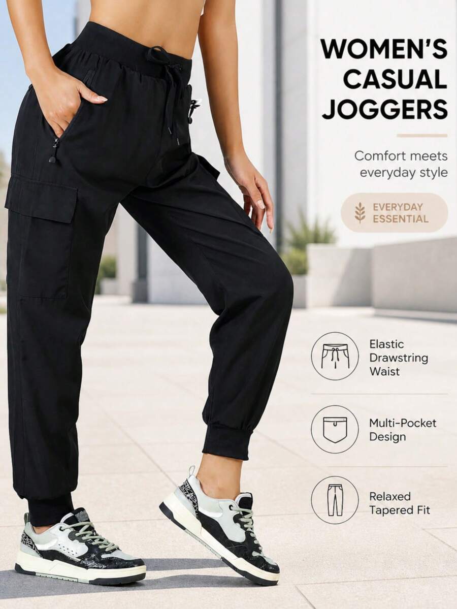 Quần thể thao nữ mùa hè nhanh khô với túi khóa kéo - Quần jogger thời trang, thoáng khí, thoải mái cho chạy bộ, tập thể dục và các hoạt động hàng ngày, màu đen, thích hợp cho mùa xuân. - màu đen - Xem 1