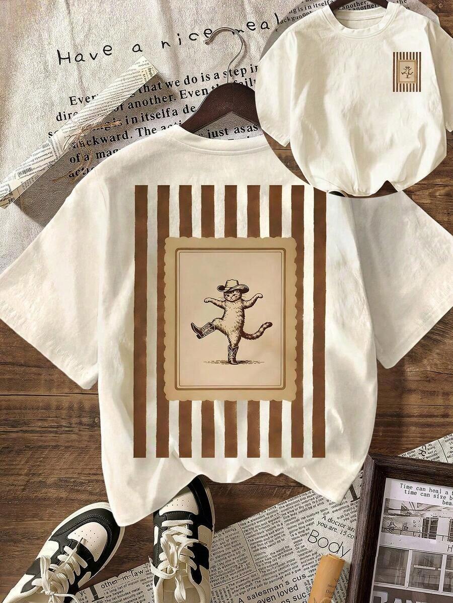 Camiseta de Mujer con Estampado Divertido de Ganso Vaquero del Oeste, Manga Corta, Cuello Redondo, Estilo Casual, Top de Verano - Albaricoque - Ver 1