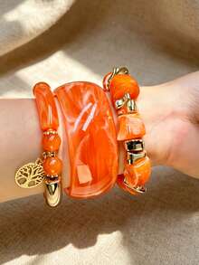 3pcs Set Vintage Resin Patchwork Bracelet, Luxury Gold Tree Of Life Pendant Necklace, Minimalist Jewelry For Women - Bohemia - View 13
