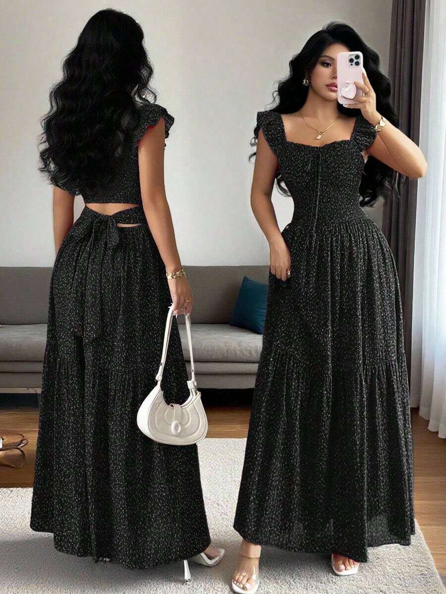Vestido elegante con estampado floral para mujer de verano - Negro 2 - Ver 1