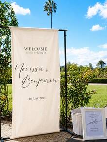1pc Personalized First Communion Banner, Linen Fabric With Name And Date, Customized For Boys/Girls Party Decor, Church Ceremony And Photo Booth Backdrop - White - View 1