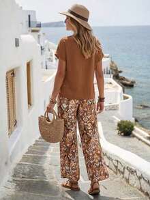 Set de 2 piezas con top de manga corta y pantalón de pierna ancha con estampado geométrico para mujer - Marrón Mocha - Ver 2