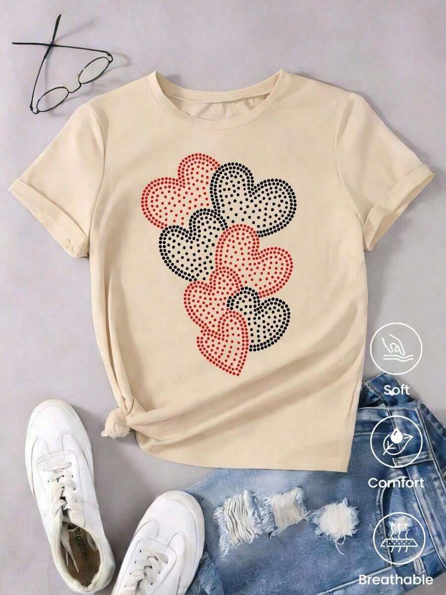 Camiseta de cuello redondo y mangas cortas de ropa fashion, fabricada en México, para la temporada primavera-verano 2025. Con estampado de dibujos animados, es un modelo de pareja, apta para usar tanto por dentro como por fuera, ideal para oficina y estilo casual, diseñada para hombres y mujeres, en unidad individual. - Albaricoque - Ver 1