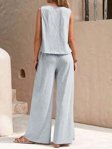 Faunlyn Top tank unicolor & Pantalones de pierna ancha - Celeste - Ver 2