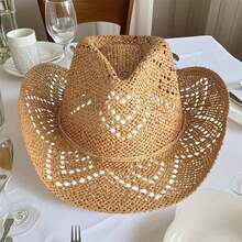 Hollow Western Cowboy Hat Combines Straw Material With Retro Design.It Has A Wide Brim And A Classic Hat Shape.It Has Both Sun Protection And Style.It Is Suitable For Summer Travel, Beach Parties Or Theme Activities, Showing The Free And Unrestrained Western Style And Personality Declaration. - 卡其色 - 查看 12