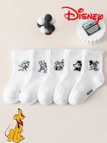 Disney 10/5/1 双迪士尼卡通人物中筒袜，迪士尼标志黑白复古线条艺术印花，荷叶边透气棉袜，学生日常穿着，春夏透气吸湿 - 彩色 - 查看 18