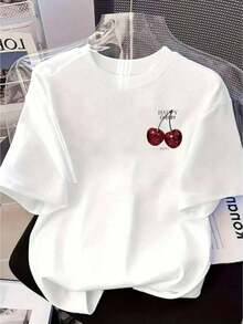 [Entrega Local]Playera Para MujerCamiseta Mujer Estilo Minimalista Estampado De Cereza Tela Suave Holgada Cuello Redondo Manga Corta Primavera Verano Uso Casual Combinable - Blanco - Ver 1