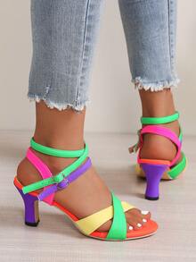 Neon Color Block Criss-Cross Strap High Heel Sandals, Eye-Catching Sexy Style - Rainbow - View 4