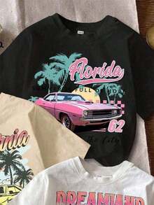 Single Garment, Not A 3-Piece Set. 1 Piece/Set Of Short-Sleeved T-Shirts Suitable For Streetwear, Daily Outings, Camping, Concerts, Hip-Hop, Rock, And Rap Events. Unisex Short-Sleeved Crew Neck T-Shirt, Designed By Y2K Artists In The Bababask Style, Made Of 100% Pure Cotton. They Are Casual And Versatile, Suitable For Streetwear, Daily Outings, Camping, Concerts, Hip-Hop, Rock, And Rap Events. Set Of Modern Printed T-Shirts With A Retro Design Of Cars, Sun, And Landscapes – Comfortable And Youthful. - 黑色 - 查看 3