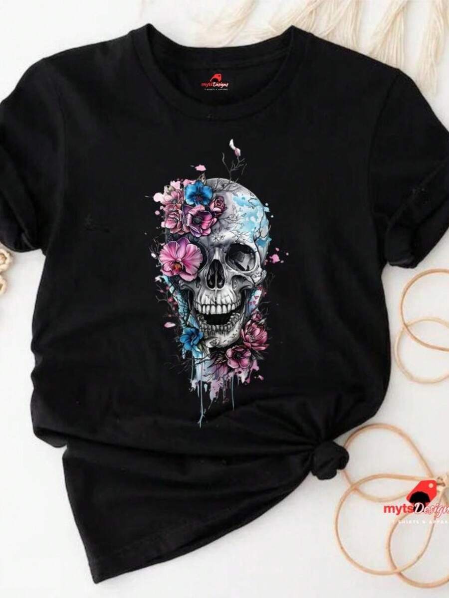 Floral Goth Style Graphic Teeblusas para mujer playeras de mujer vestidos casuales para mujer y2k playeras deportivas para mujer verano camisetas ropa de mujer Fashion Perfect For Daily - Negro - Ver 1