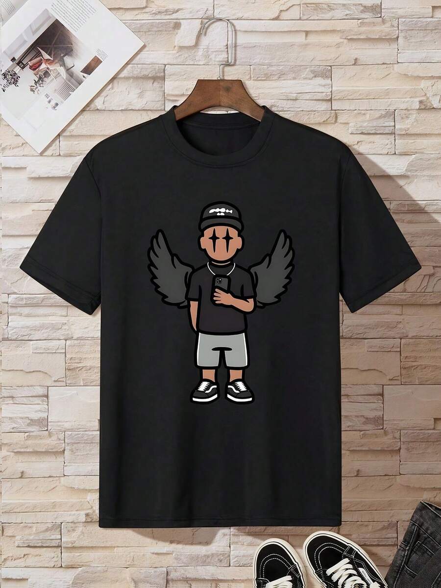 Playera Caballero Estampado de Personaje Cartoon con Alas, Camiseta Diseño Gráfico con Figura de Urbano y Gorra, Top Casual Masculino con Estilo Moderno y Divertido