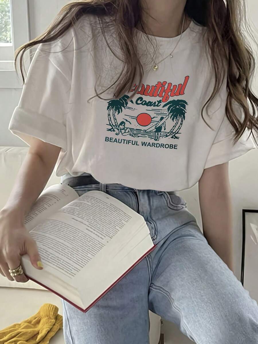 Camiseta de Manga Corta Holgada de Algodón Puro para Mujer, Ropa Casual de Verano - Blanco - Ver 1