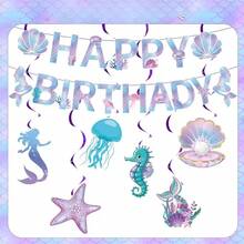 24pcs Ocean-Themed Birthday Party Bunting Set, Including 18pcs Buntings And 6pcs Hanging Spirals, Suitable For Birthdays, Parties, Weddings, Home Hanging Decorations, Spring Decorations, Holiday Basket Fillers, Photo Backdrops, Bohemian-Style Decorations, And Aesthetic Room Decor - Multicolor - View 9