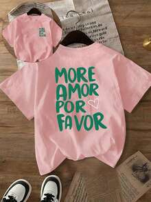 女士“MORE AMOR POR FAVOR”（请多给我一些爱）西班牙语T恤 - 印有西班牙语短语和心形图案；适合春夏季休闲穿着。度假装 - 粉色 - 查看 5