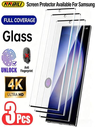 NNBILI 3片装超清指纹解锁钢化玻璃屏幕保护膜，兼容三星Galaxy S26 Ultra、S20/S21/S22/S23/S24/S25 Ultra、S10/S8，9H硬度高清钢化玻璃屏幕保护膜，防刮花、防指纹、防震