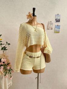 Women's Casual Holiday 2-Piece Set Of Asymmetrical Top And Solid Color Shorts - 黃色 - 查看 6