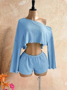 Casual 2-Piece Set Consisting Of A Cropped Top With An Irregular Neckline And Lettuce Hem, And Shorts, In A Solid Color, For Vacation, Spring/Summer - 賽萊斯特 - 查看 10