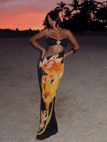 2 piezas Conjunto de bikini para mujer, bikini con decoración de flor de metal y tirantes ajustables, vestido de playa bohemio con estampado de malla floral, conjunto de 3 piezas de traje de baño, adecuado para playa, vacaciones y fiesta de piscina en verano negro - Negro y naranja - Ver 7