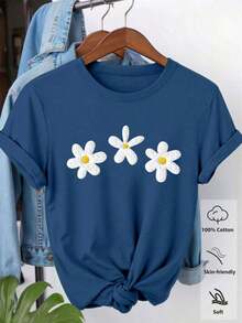 Camiseta cómoda de mujer con estampado de rayas y flores de margarita, cuello redondo, manga corta, minimalista y versátil para uso casual - Azul marino - Ver 1