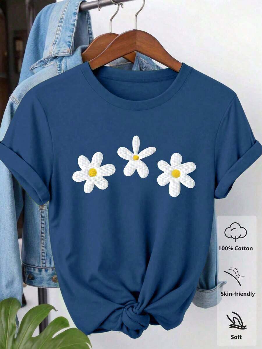 Camiseta cómoda de mujer con estampado de rayas y flores de margarita, cuello redondo, manga corta, minimalista y versátil para uso casual - Azul marino - Ver 1